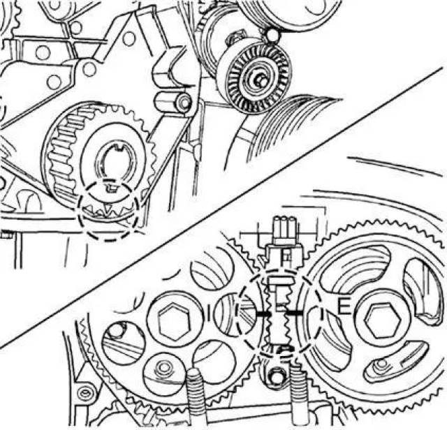 将曲轴正时齿轮上的标记对准后正时带罩底部的缺口,对准凸轮轴正时