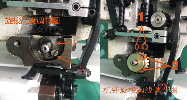 调节方法:松开铜齿轮 机针旋梭钩线图上的两个紧固螺丝 机针旋梭钩线