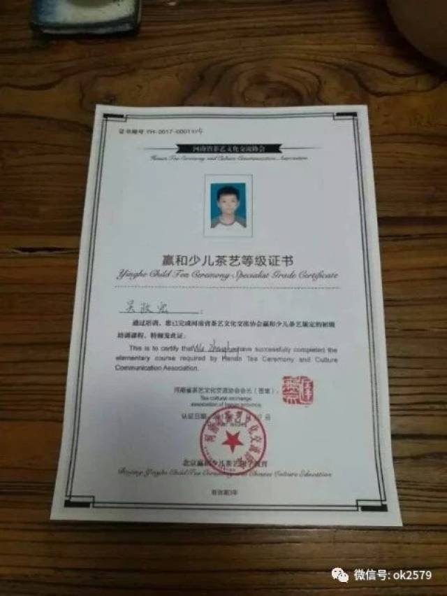 "河南省茶艺文化交流协会小茶艺师"证书