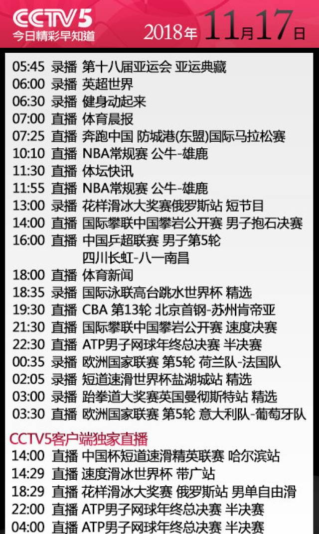 央视今日节目单 cctv5直播nba cba首钢战苏州 欧国联 5 转u