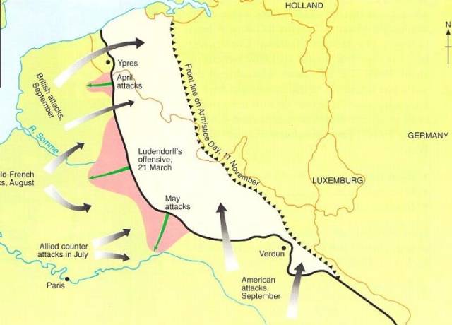 年8月8日协约国发动的"百日攻势"形势图,图中黑线是德军的兴登堡防线