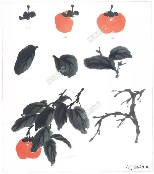 《丹柿累累》图中柿叶浓重的色彩与鲜红的柿子形成鲜明的对比,构图