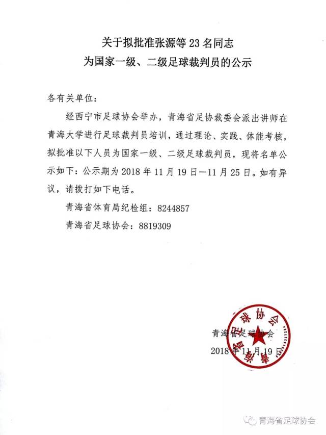 关于拟批准张源等23名同志 为国家一级,二级足球裁判员的公示