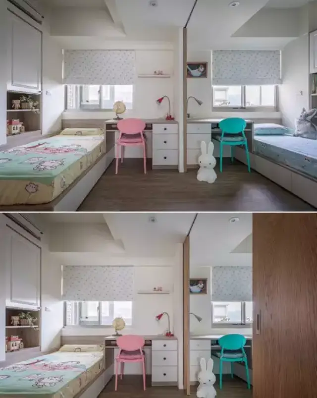 上下床  发展上层空间 面积偏大的 主卧室改为双人儿童房  中间用隔断
