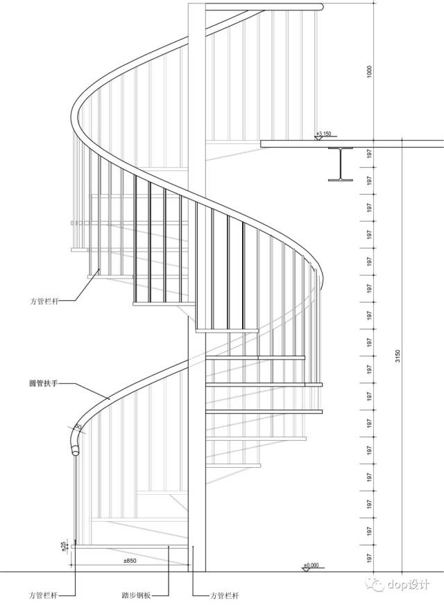 图中的钢结构的旋转楼梯在平面中我们并不需要直接标注它的弧长,一般