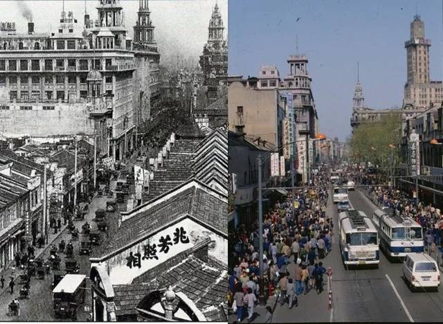 上海南京路,1936年(左)1980年(右)