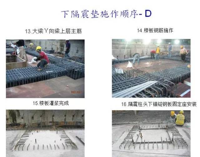 下隔震垫施作顺序 隔震垫上基座实际施工流程照片如图8 上隔震