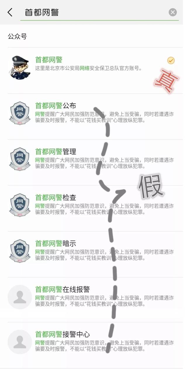在微信上搜索出的"首都网警" 请认准 腾讯官方黄勾勾认证标志!