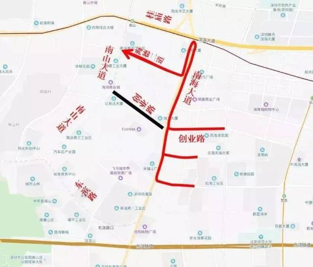 3-  原经 创业路西行至南山大道的车辆,可经南海大道北行至南海创业