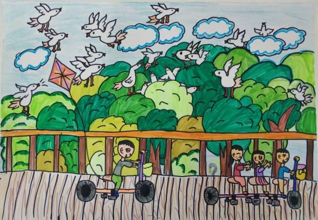 这些绘画作品还是非常紧扣主题的,可以给孩子们树立从小保护湿地的一