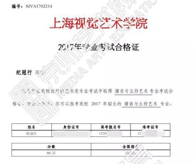 我校考生取得 上海视觉艺术学院播音与主持艺术专业合格证