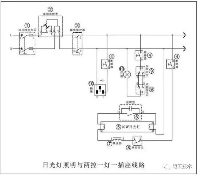 1.日光灯照明与两控一灯一插座线路