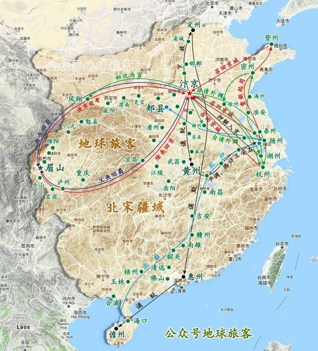 苏轼行踪示意图 (制图地球旅客/孤城) ▼