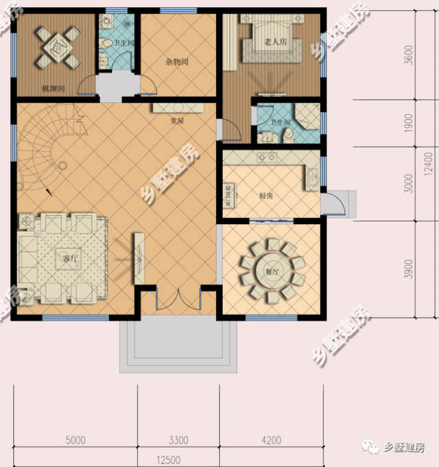 厨房又设计了后门,方便农村生活,棋牌室作为农村的主要娱乐空间,杂物