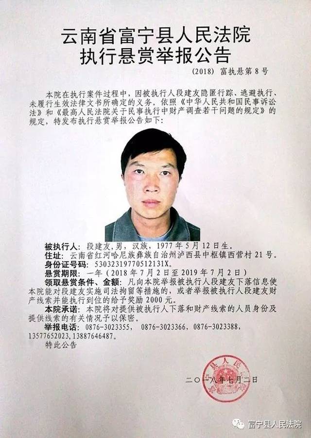 【悬赏执行】富宁法院执行悬赏公告(之八)赏金2000元!