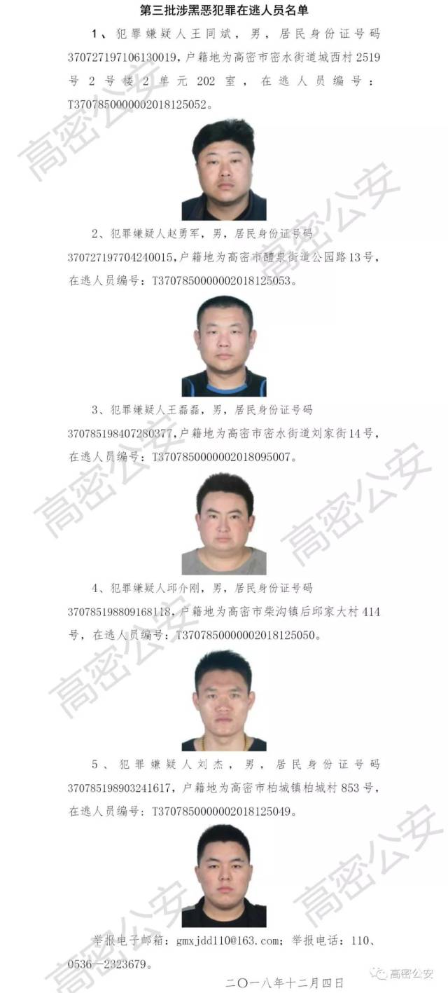 悬赏| 高密公开缉捕5名涉黑恶犯罪在逃人员,发现请举报!