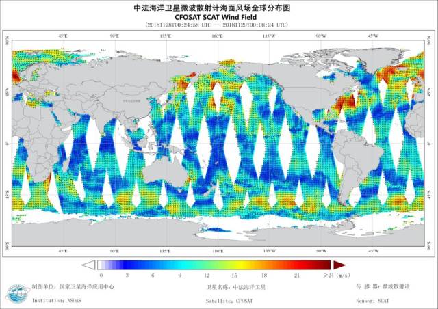 中法海洋卫星飞行一天微波散射计海面风场分布.