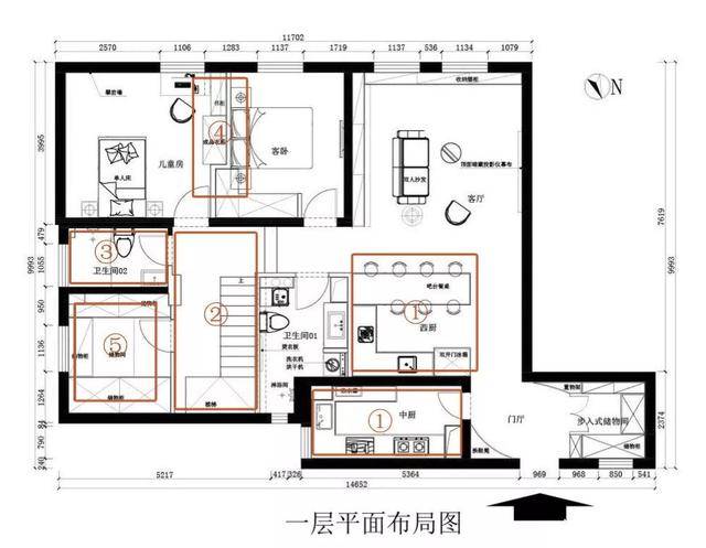 一层平面图,主要有5处改动,一层是儿童房,会客,餐厨区.