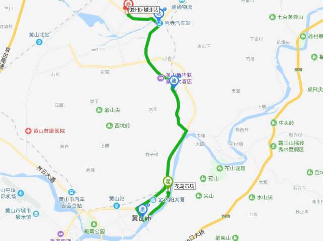 屯溪花鸟市场公交枢纽→滨江东路→天都大道→屯光大道→s103省道