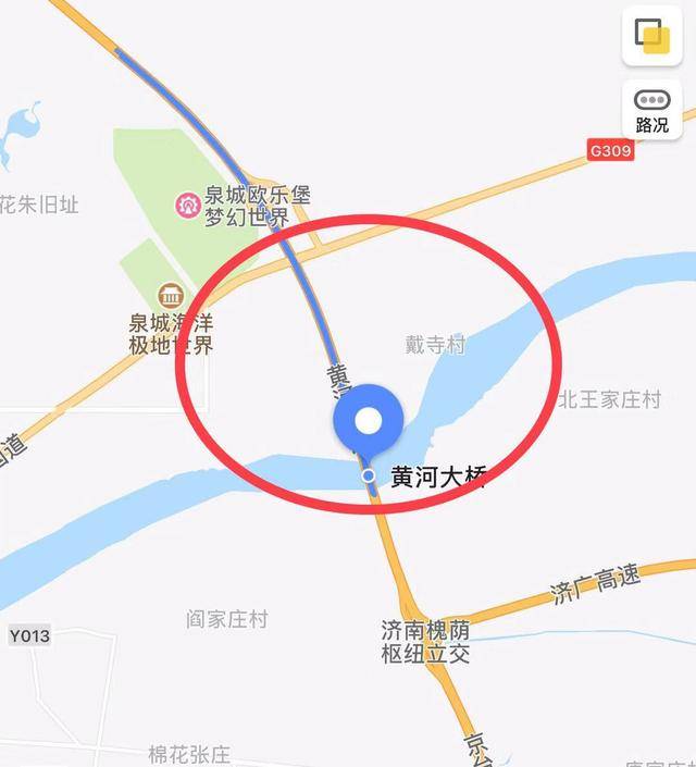 南岸于济南市槐荫区杨庄险工跨越黄河大堤,是一座同时连通京台高速