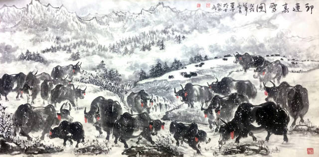 巴爱天先生的大写意《雪域风情》牦牛画,充分展望了他多年来深厚的