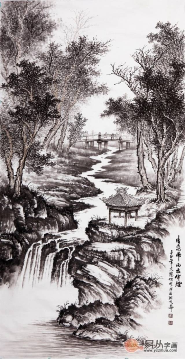 吴大恺四尺竖幅山水画作品《清泉带雨出寒烟》来源:易从网
