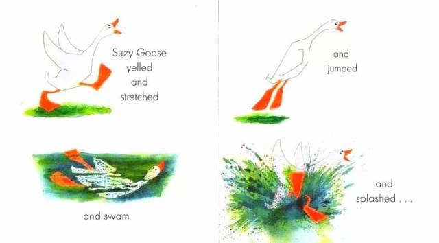 suzy goose yelled and stretched and swam and jumped and slpashed