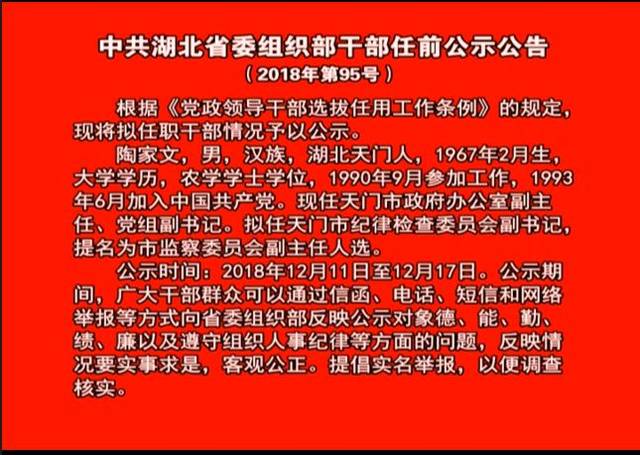 3,中共湖北省委组织部干部任前公示公告(2018年第95号)