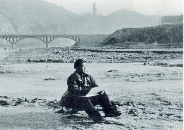 1973年初靳之林到延安,在延河边上画宝塔山