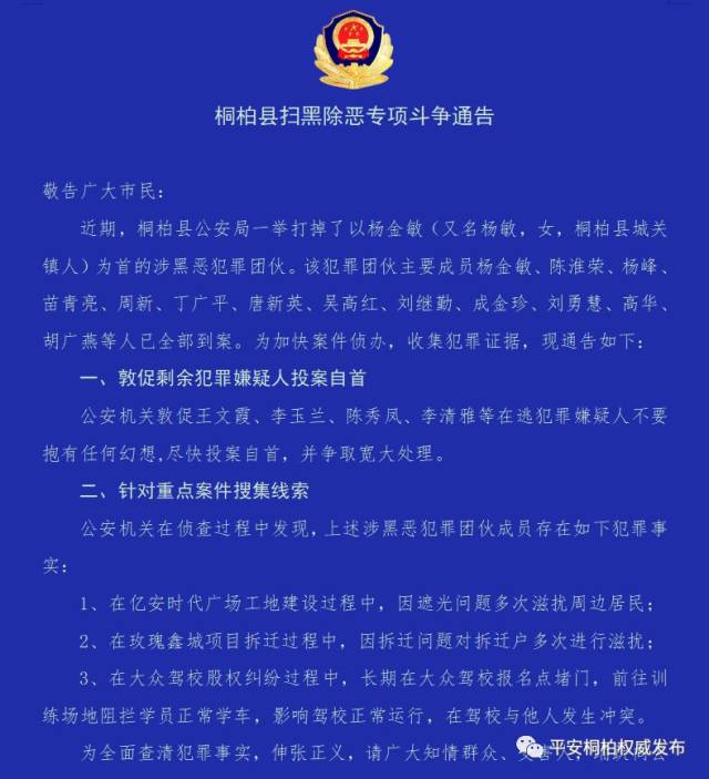 桐柏县扫黑除恶专项斗争通告