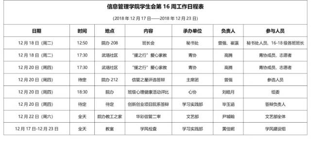 通知| 信息管理学院学生会第十六周工作日程表