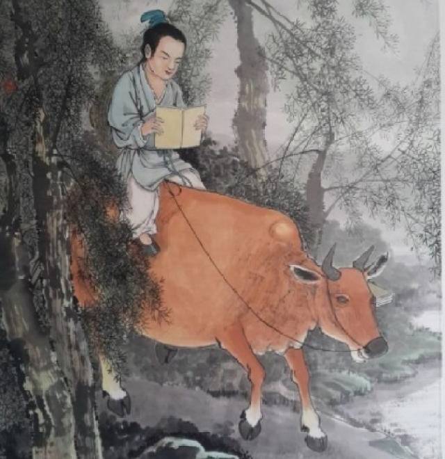 李密回家后闭门读书,曾经骑着黄牛出门,牛角挂着一本《汉书,一手握