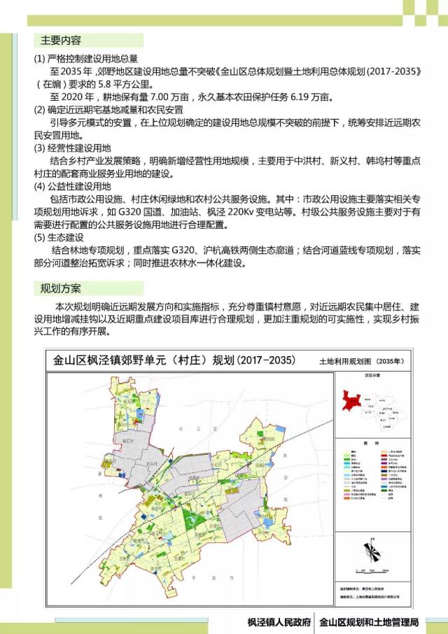 《上海市金山区枫泾镇郊野单元(村庄)规划(2017-2035》初步方案公示