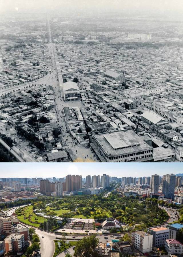 1972年海港区瞰视图;如今秦皇岛市海港区新世纪公园.