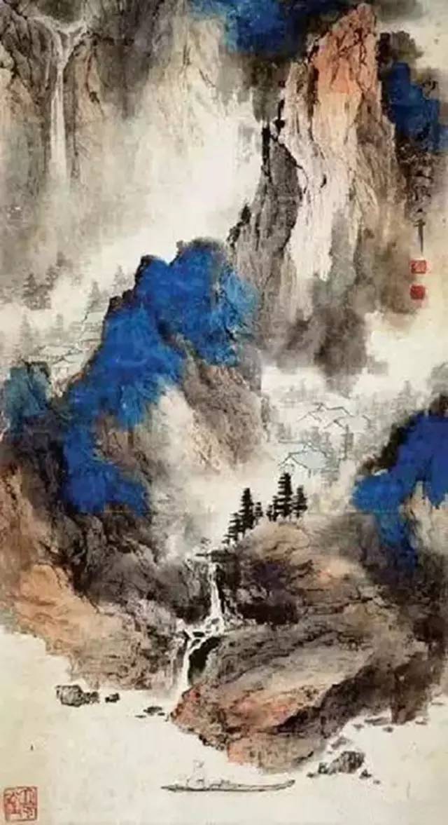 此《泼墨山水》正是张大千泼彩山水的典型风格,整张画作看似仍然保持