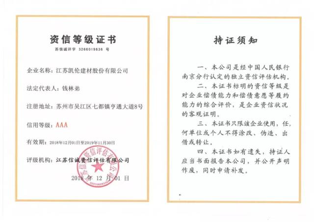 标杆凯伦 | 抗风险能力很高！凯伦股份获aaa级资信等级证书