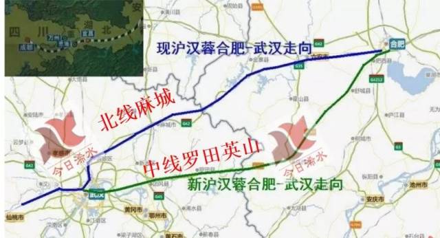 (△ 沿江高铁北线麻城,中线罗田英山,两条路线示意图) 沿江高铁武汉