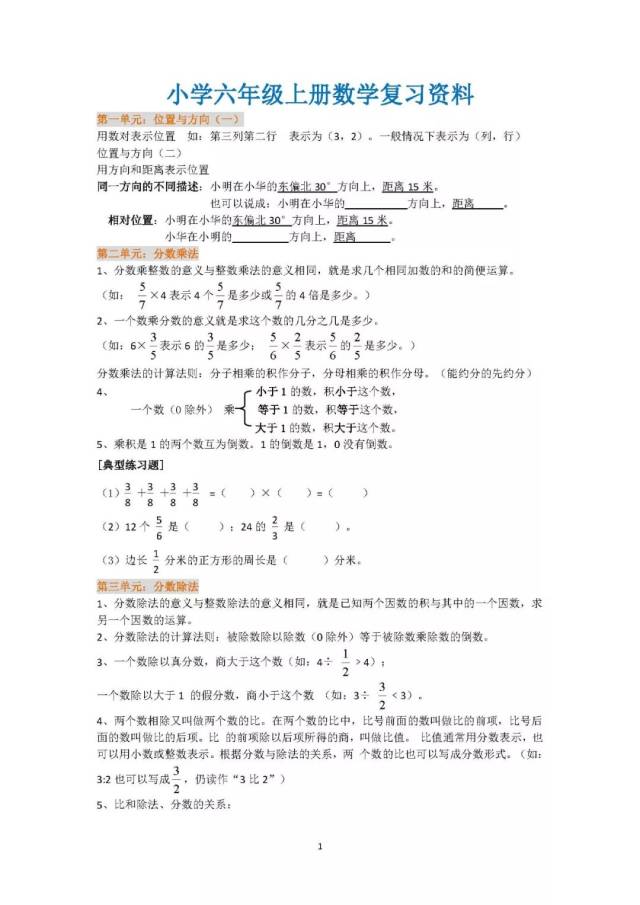 六年级上册数学总复习知识点和典型例题,期末好资料!