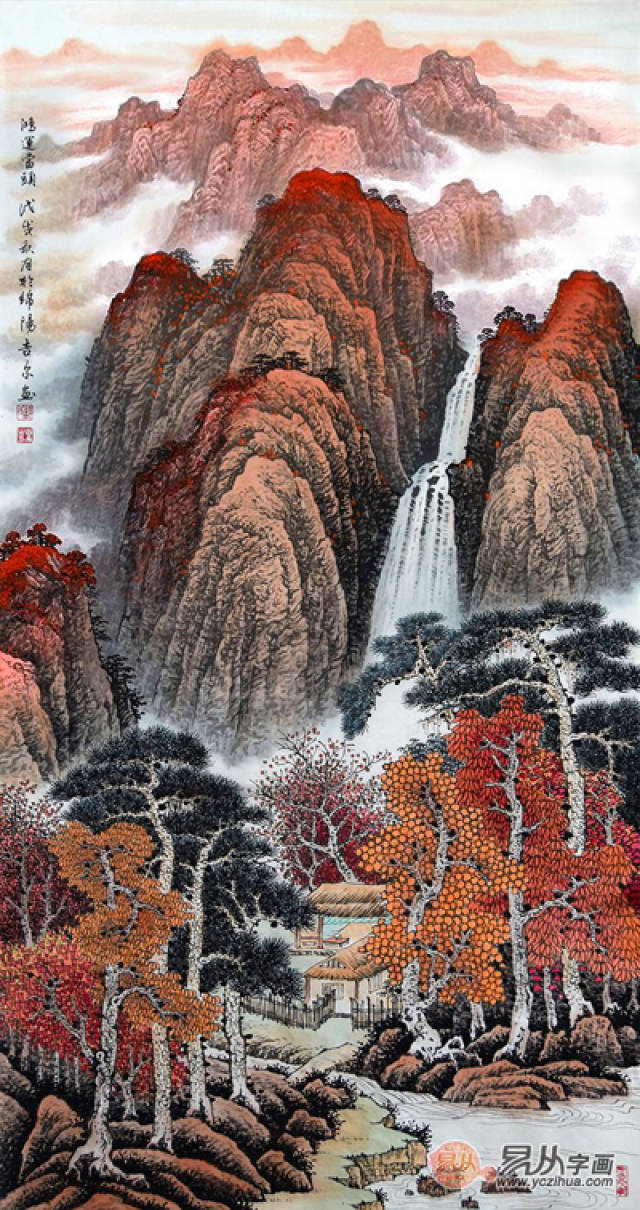 许吉尔最新四尺竖幅泰山国画作品《鸿运当头》 作品来源:易从网