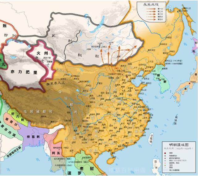 黄色部分为《中国历史地图集》中描绘的明朝最大疆域