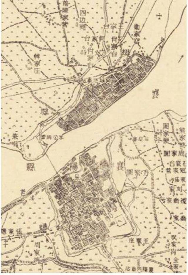 民国时期的地形图,上为樊城,下为襄阳