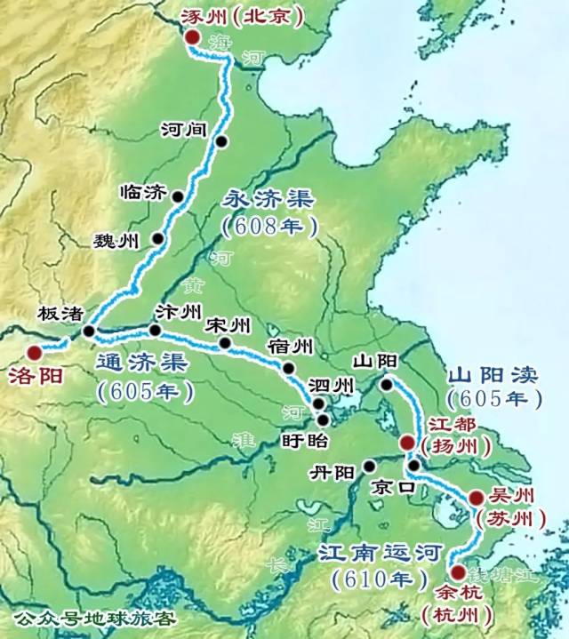 山阳渎,永济渠和江南运河,将钱塘江,长江,淮河,黄河,海河五大水系连为图片