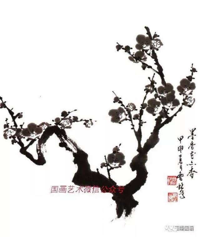 写意梅花画法示范教程,梅花的树干和根部画法,画梅花的构图形式