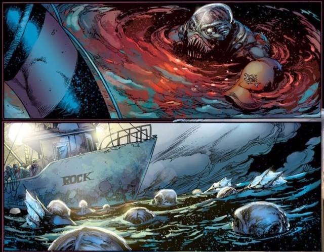 漫画中海沟族的登场也是在夜晚的海面上,场面也是一度的骇人与血腥.