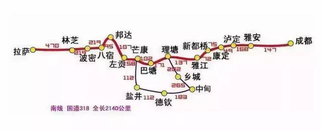 川藏线 东起成都,向西经雅安—康定—昌都—林芝到拉萨