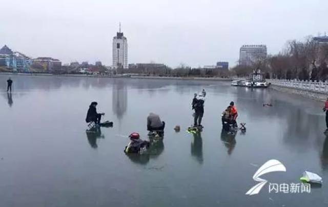 1月6日,滨州市蒲湖上,从岸边远远的看过去,冰面上的市民最多时多达二