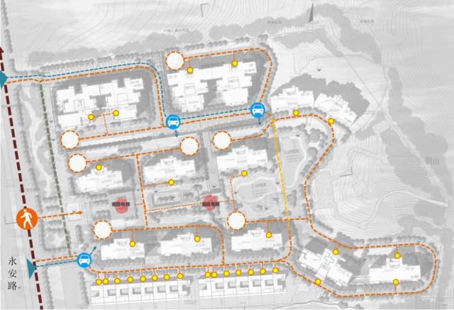 社区平面规划 出入口:小区共有两个出入口,人车分流,分别位于项目南面