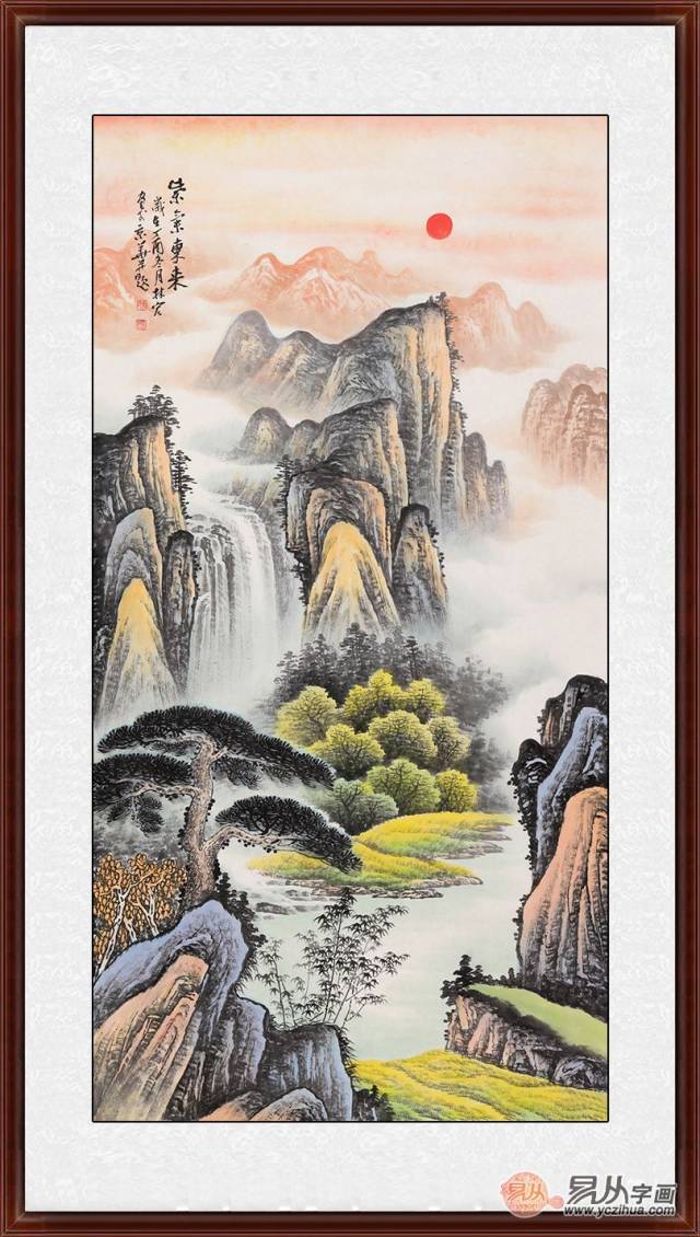 风水中象征家道昌盛,人丁兴旺,此幅李林宏老师的《紫气东来》山水画中
