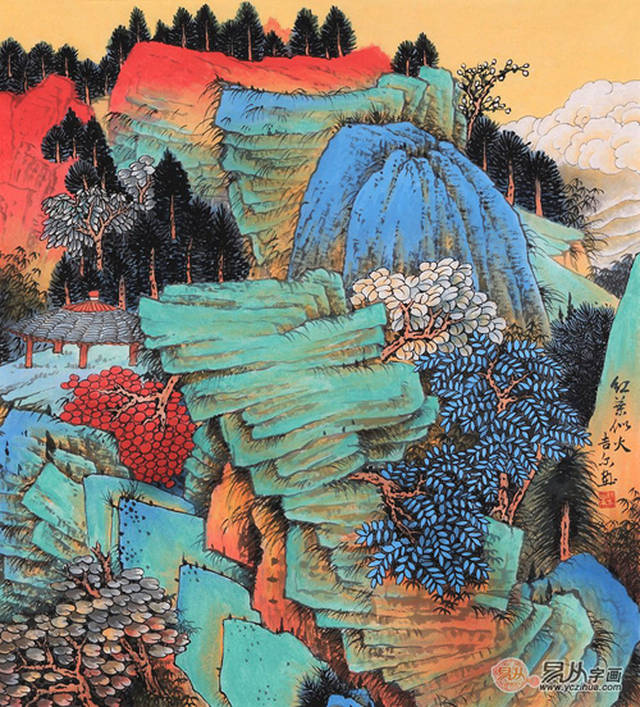 送工笔重彩山水画 画家许吉尔的工笔重彩山水画,以奔放的笔墨和鲜明的