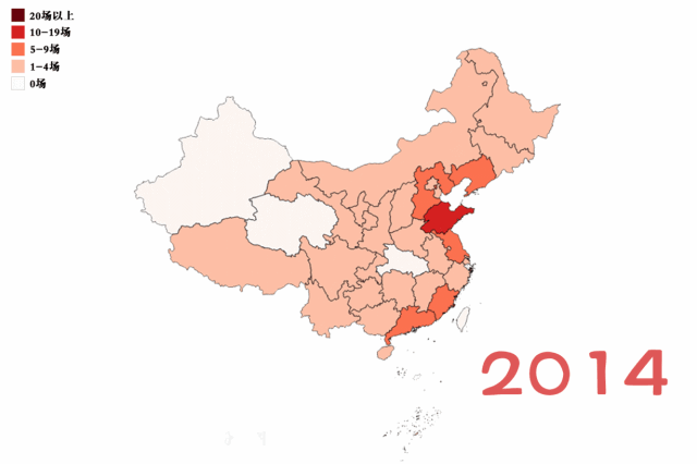 2014-2018年中国(大陆)马拉松赛事分布图
